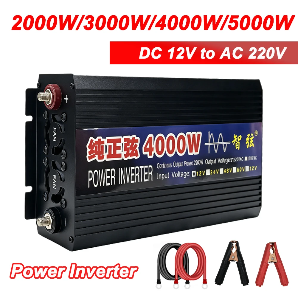 Inverter a Onda Sinusoidale Pura 2000W/3000W/4000W/5000W da DC 12V a AC 220V, Inverter di Potenza per Auto, Convertitore di Tensione, Adattatore di Ricarica, Presa EU