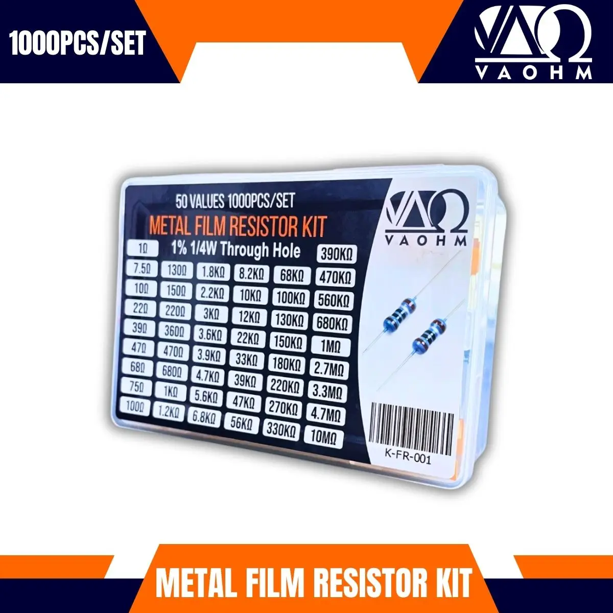 50 Types 1000PCS Through Hole 1/4W 1% Metal Film Resistor Set