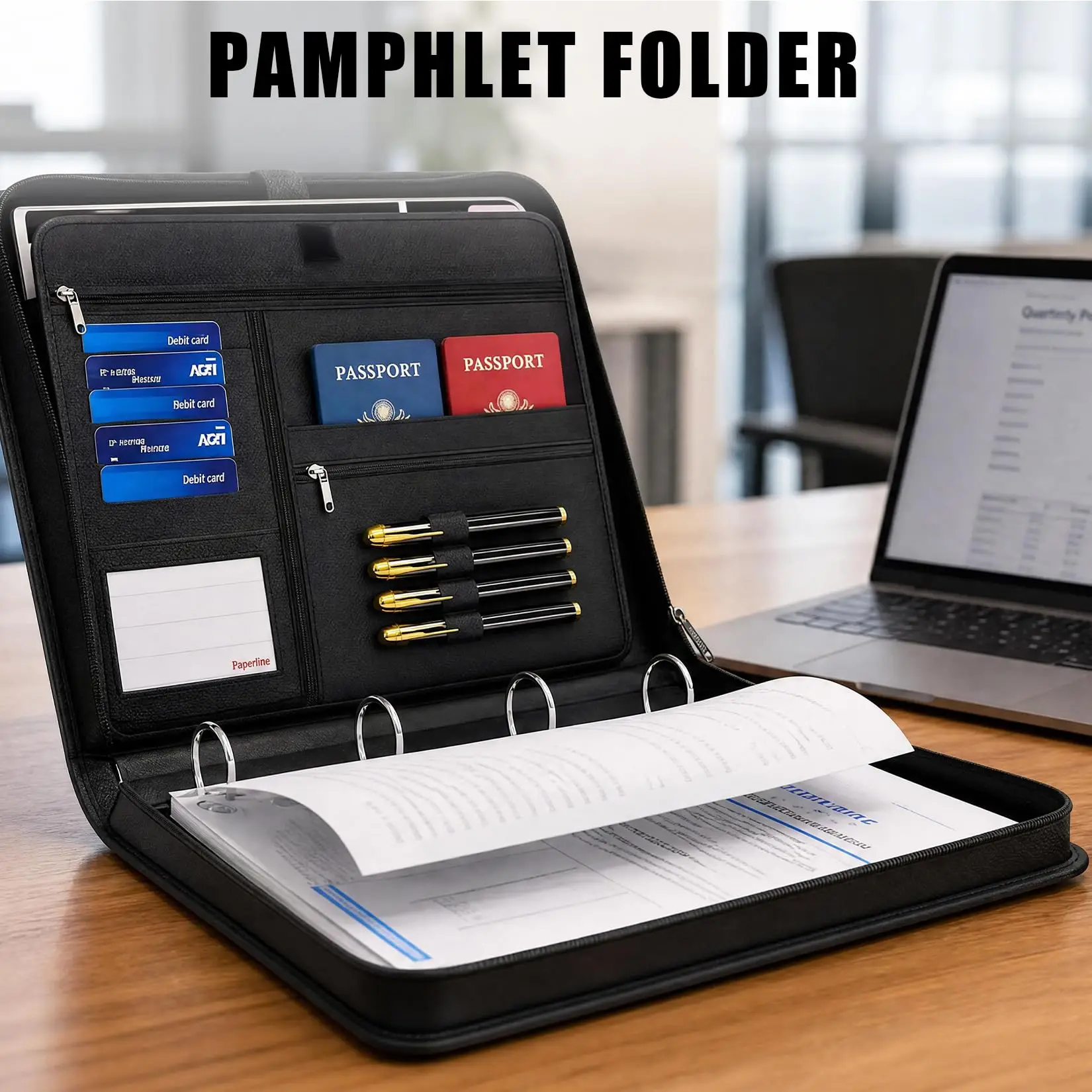 A4 Fireproof Binder Folder, 3-Hole D-Ring w/Writing Board | Moisture-resistant A4 document organizer with hard writing board and 3-hole D-rings; portable file holder for office, school