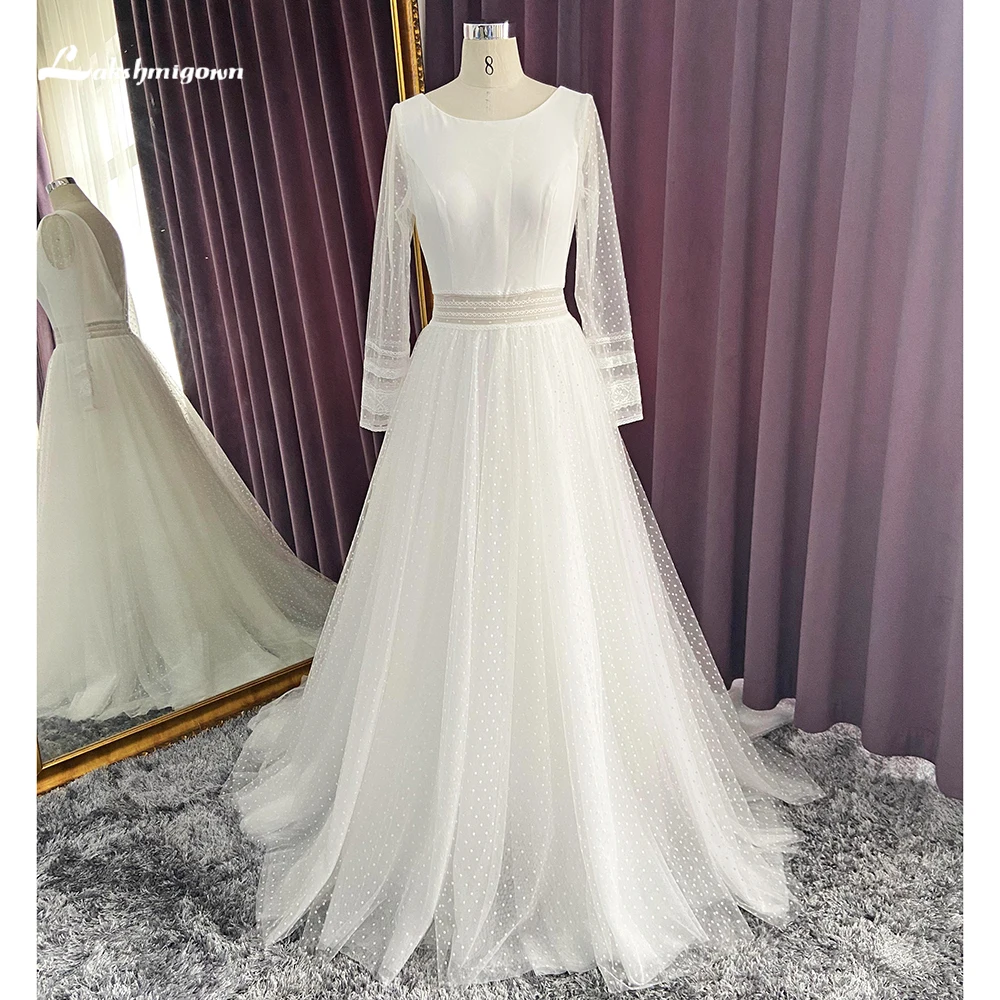 Boho Long Sleeve Polka Dot Mesh Belt Lace A Line Wedding Dress For Women Sexy Backless Bridal Gown Sweep Robe De Mariée Vestidos