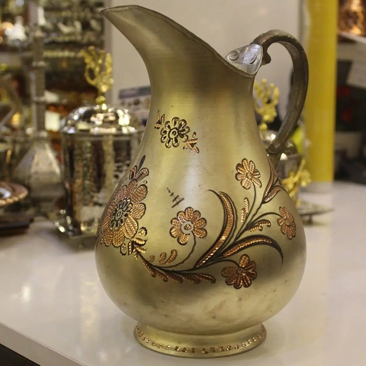 

100% luxury gold jug flower patterned copper jug copper pitcher gold jug gold pitcher copper carefe large jug new season