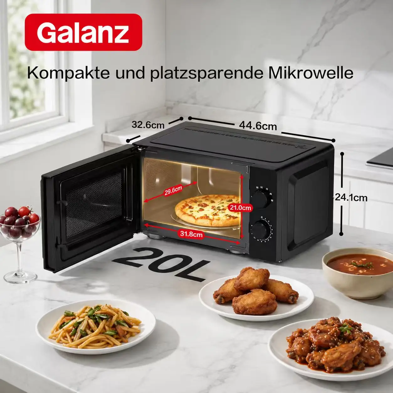 Forno a microonde compatto da 20 litri e 700 W, modello Galanz Willz P5, con 6 livelli di potenza, controllo meccanico a manopola e funzione di scongelamento. Mini forno a microonde ideale per