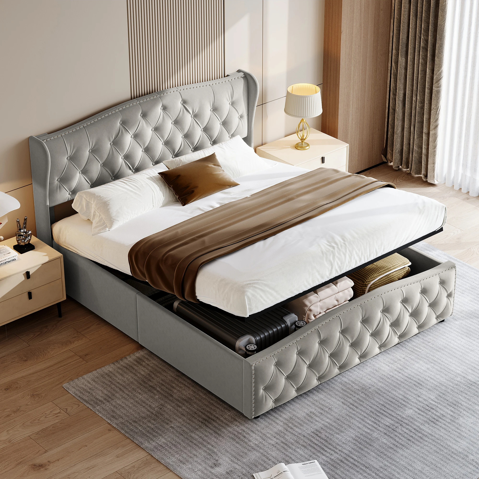 Letto imbottito 140x200 cm con cassettiera sottoletto, letto matrimoniale con testiera e rete a doghe, velluto, per adulti e adolescenti