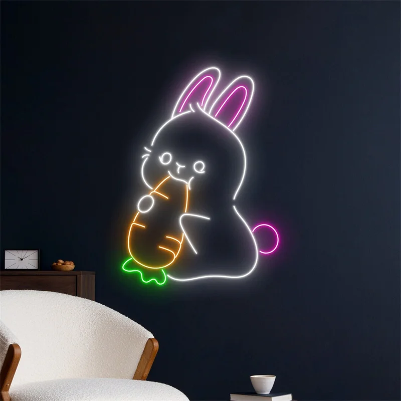 Lapin Carrot Neon Sign, Lapin Led Light, Joyeuses Pâques Neon Light, Décor mural de chambre de Pâques, Lapin Led Light