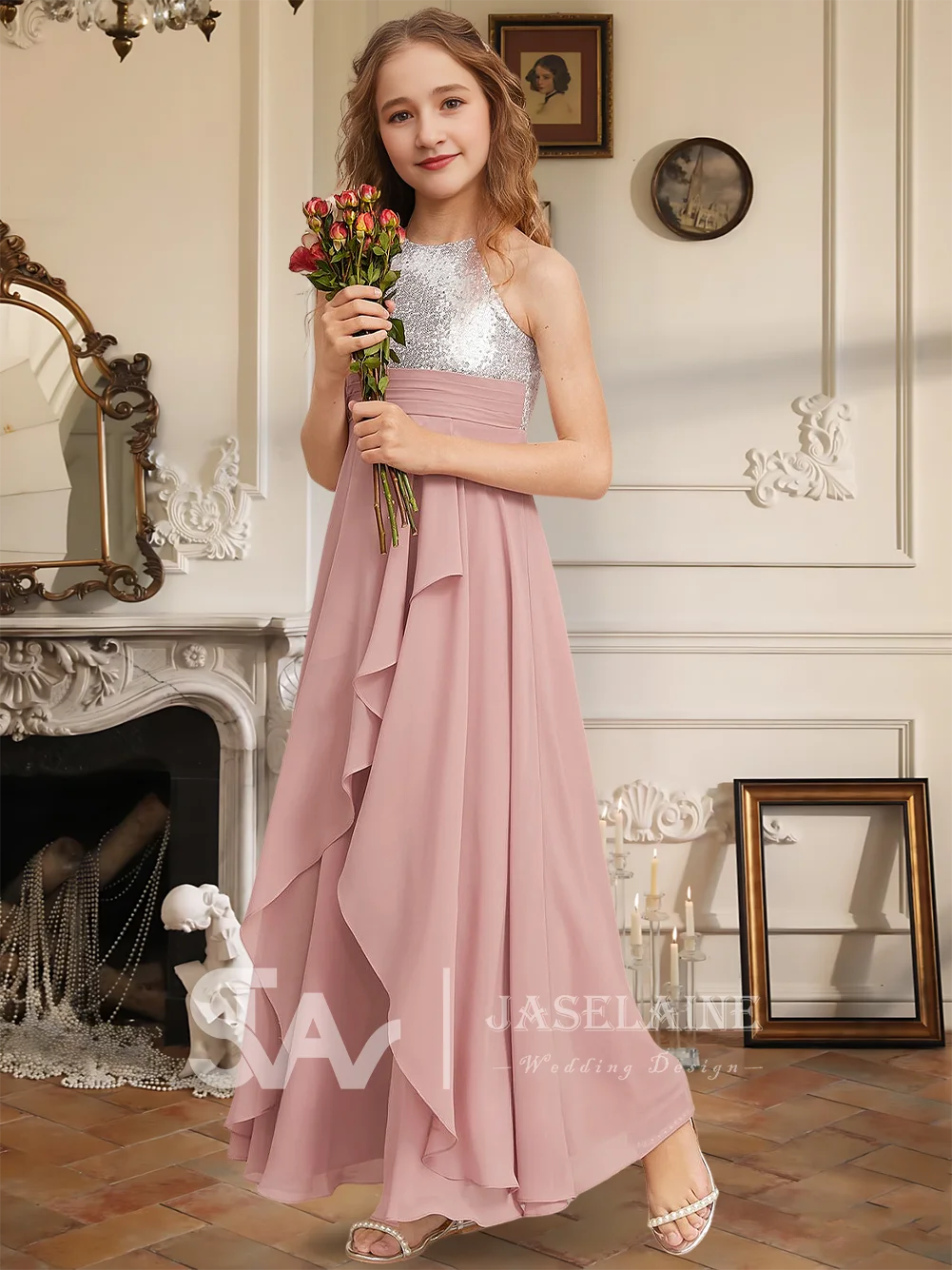 A Elegant A Line Halter Floor Length Chiffon Sequin Junior Bridesmaid Dress Flower Girl Dress Girls Party Wedding Formal Special