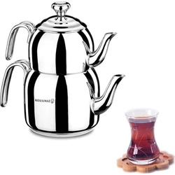 Korkmaz Droppa Turkish Teapot Set Stainless Steel Double Kettle Tea Maker Midi 2.3L/77.7FlOz Maxi 3.4L/115FlOz Mega 5.5L/186FlOz