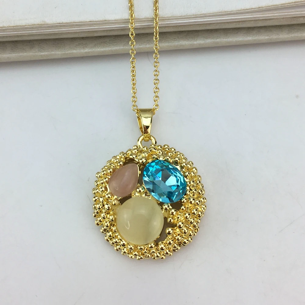 Yuminglai Dubai 24K Gold Plated Jewelry Set Colorful Stone Pendant and Earrings Necklace Set for Woman FHK16890