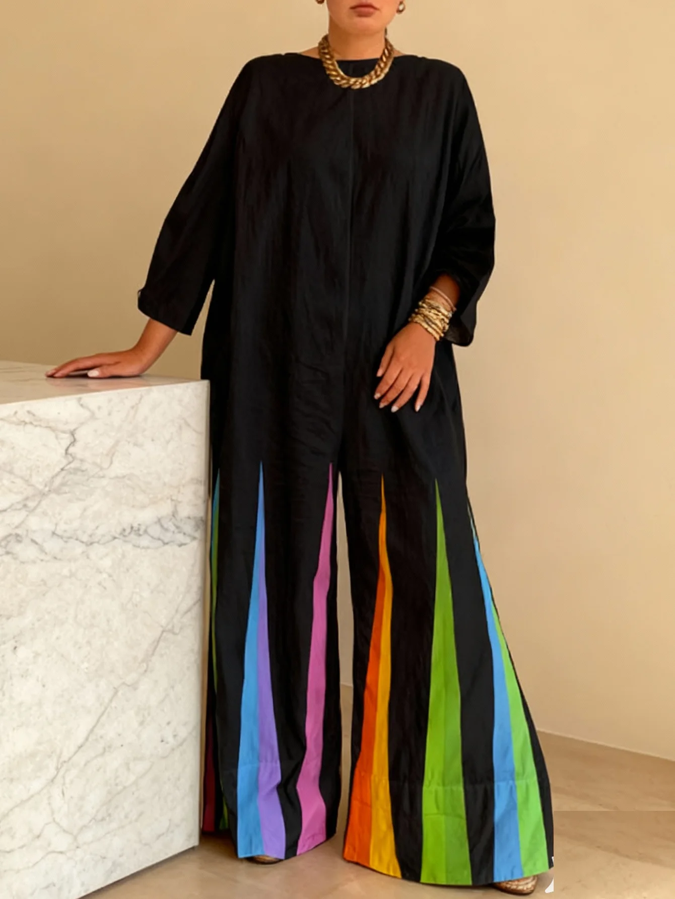 レディースジャンプスーツ、無地カジュアル長袖ストライプ丸首ジャンプスーツ