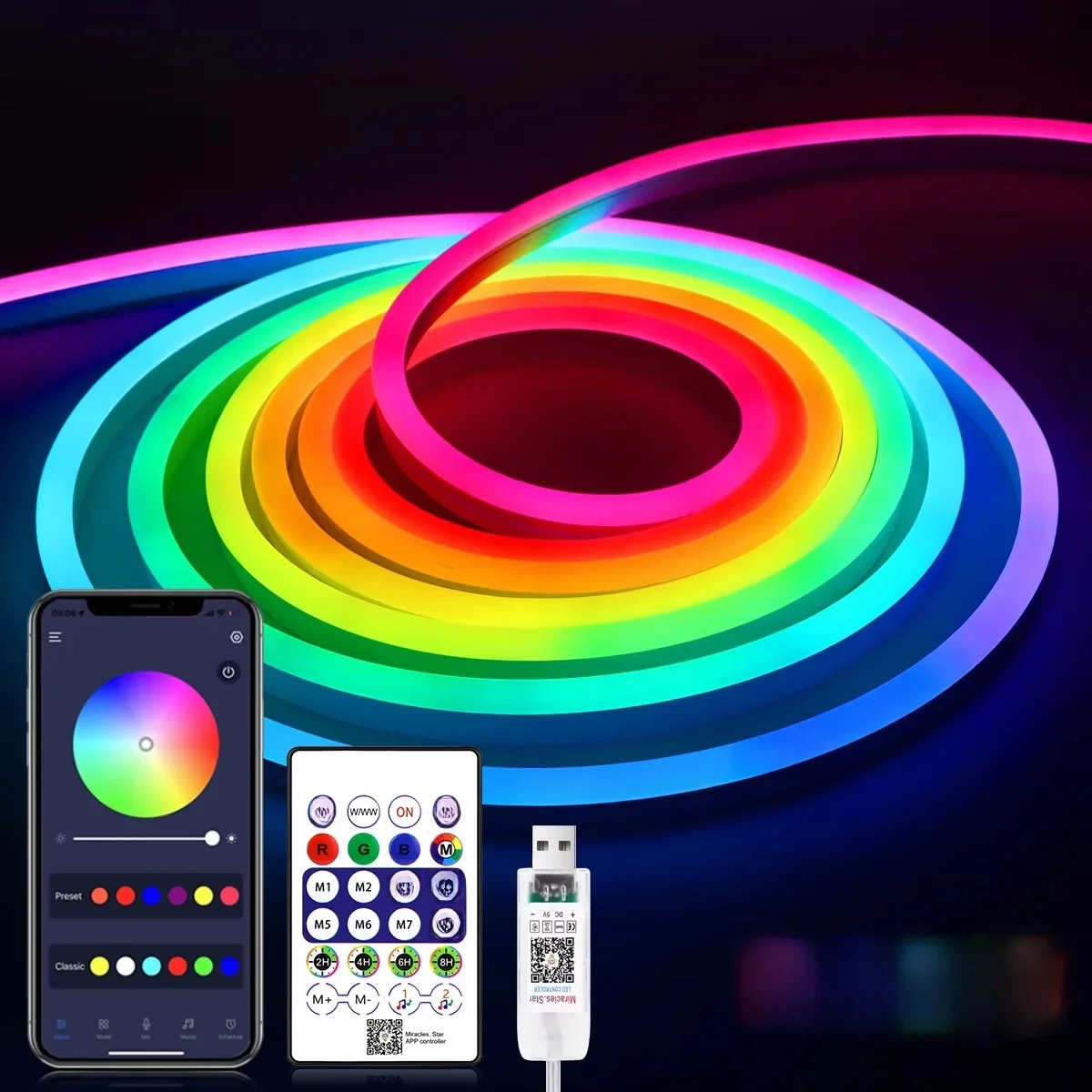 DC5V USB RGBIC Neon LED Strip,1M 2M 3M 5M RGBIC Neon Rope Light with Bluetooth App and Remote control For DIY Neon Gaming Deoco