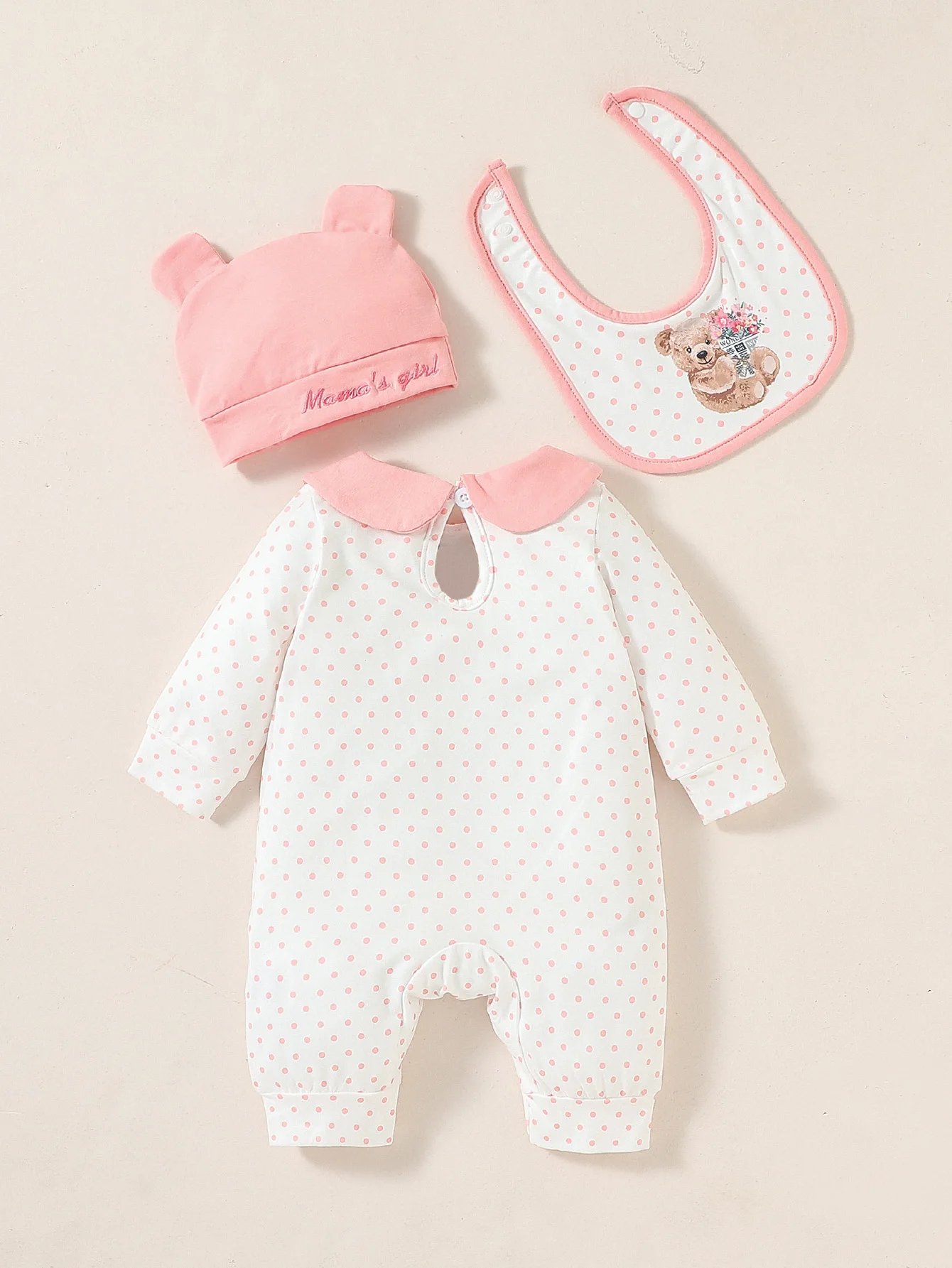 Newborn 3pcs baby girl  Long Sleeve Polka dot sweet and lovely autumn Jumpsuit For Daily Wear +Hat+Bib