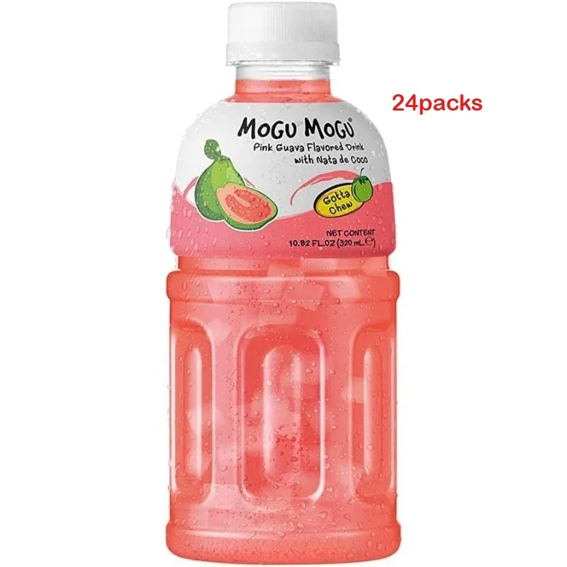 Pack 24 Botellas Mogu Mogu Pink Guayaba 320ml - Bebida de Guayaba Rosa con Nata de Coco Masticable, Refresco Tropical Asiático, Lote Ahorro Familiar, Snack Bebible Viral, Merienda Divertida