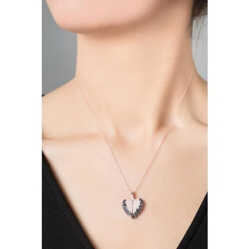 Elika Silver Women's Personalized Heart Opening Angel Wing Model Rose Plated 925 Carat Silver Necklace