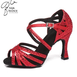 Woman Red Latin Dance Shoes for Girls Suede Leather Bachta Salsa Dancing Shoes Women Rhinestone Ballroom Pratice 3inch Heel