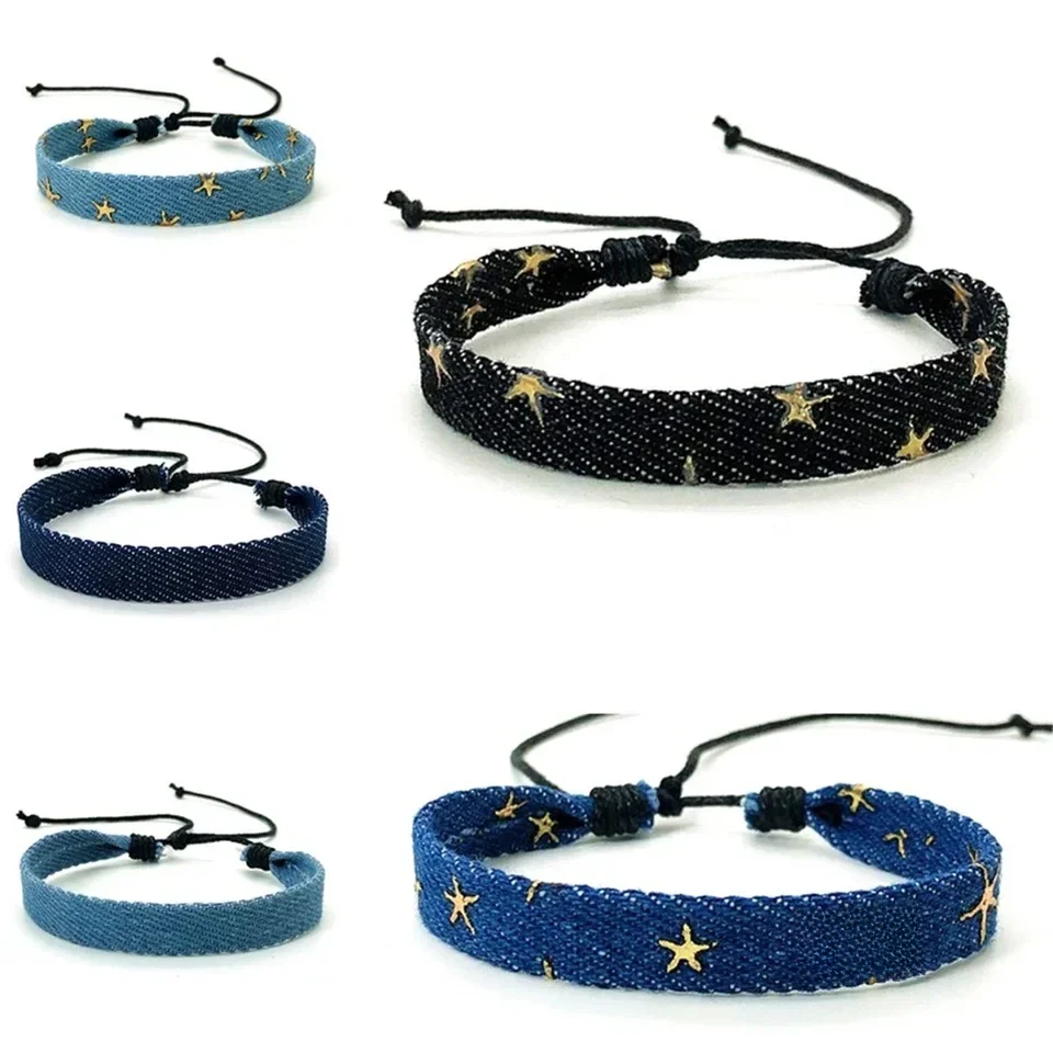 Vintage Star Pattern Blue Literary Denim Fabric Bransoletka Dla Kobiet Mężczyzn Gothic Ethnic Handwoven Wrist Strap Fashion Jewelry Gift — zdjęcie 2