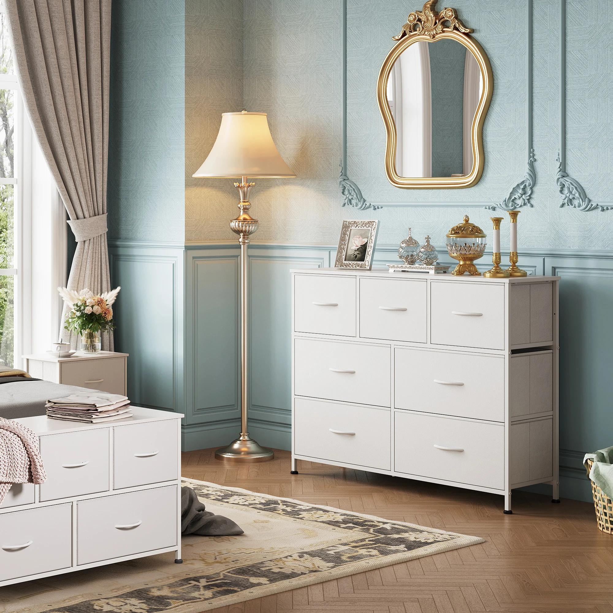 Commode de rangement haute avec 7 tiroirs en tissu - Support métallique stable avec tiroirs en tissu amovibles - Rangement multifonctionnel anti-poussière - Convient pour chambre à coucher, dressing et salon