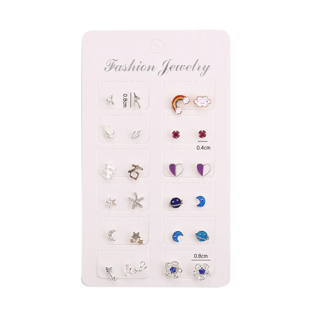 12 Pairs Small Planet Moon Star Stud Earrings Set For Women Simple Geometric Flower Rhinestone Earrings Fashion Party Jewelry