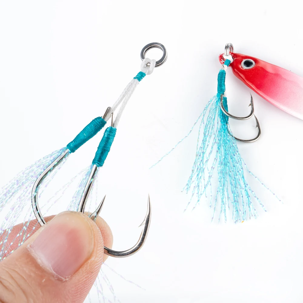 20 Stück scharfe Angelhaken aus Kohlenstoffstahl, Assist-Haken, Doppelhaken, Angelzubehör mit langlebigem Ring für Jig – Detail 2