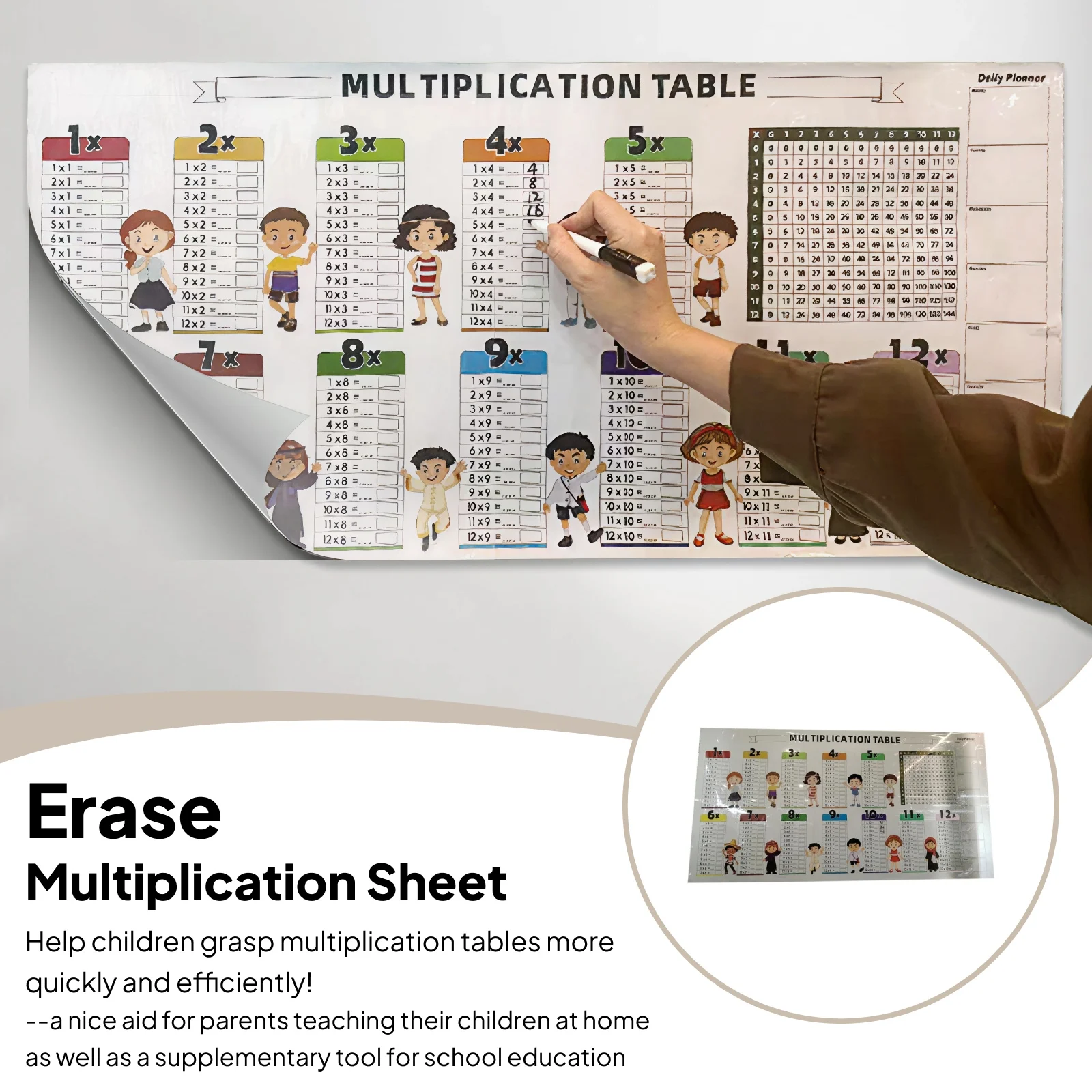 Dry Erase Multiplication Sheet Easy to Use Educational Tool Learning Math Board Reusable Colorful Times Table Chart for Student
