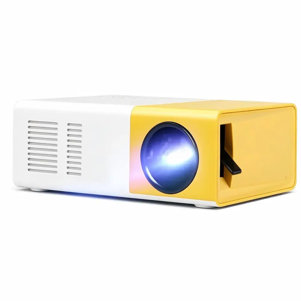 Przenośny, miniaturowy projektor LED, wymiary 12,5 x 8,5 x 4,5 cm, rozdzielczość 1080P HD, podłącza się za pomocą kabla, umożliwia wyświetlanie obrazu na ekranie, wbudowany głośnik stereo, idealny do — 2