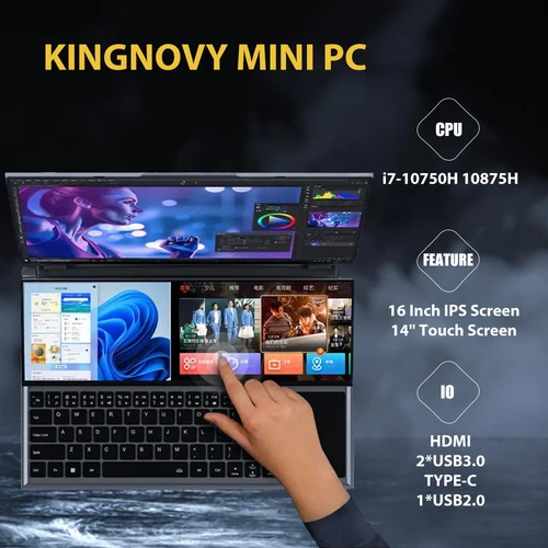 인텔 I7-10750H 듀얼 그래픽 카드 지지대, 최신 플래그십 노트북, 14 인치 터치스크린 + 16 인치 IPS 스크린, 슬림하고 얇은 경량 노트북 컴퓨터