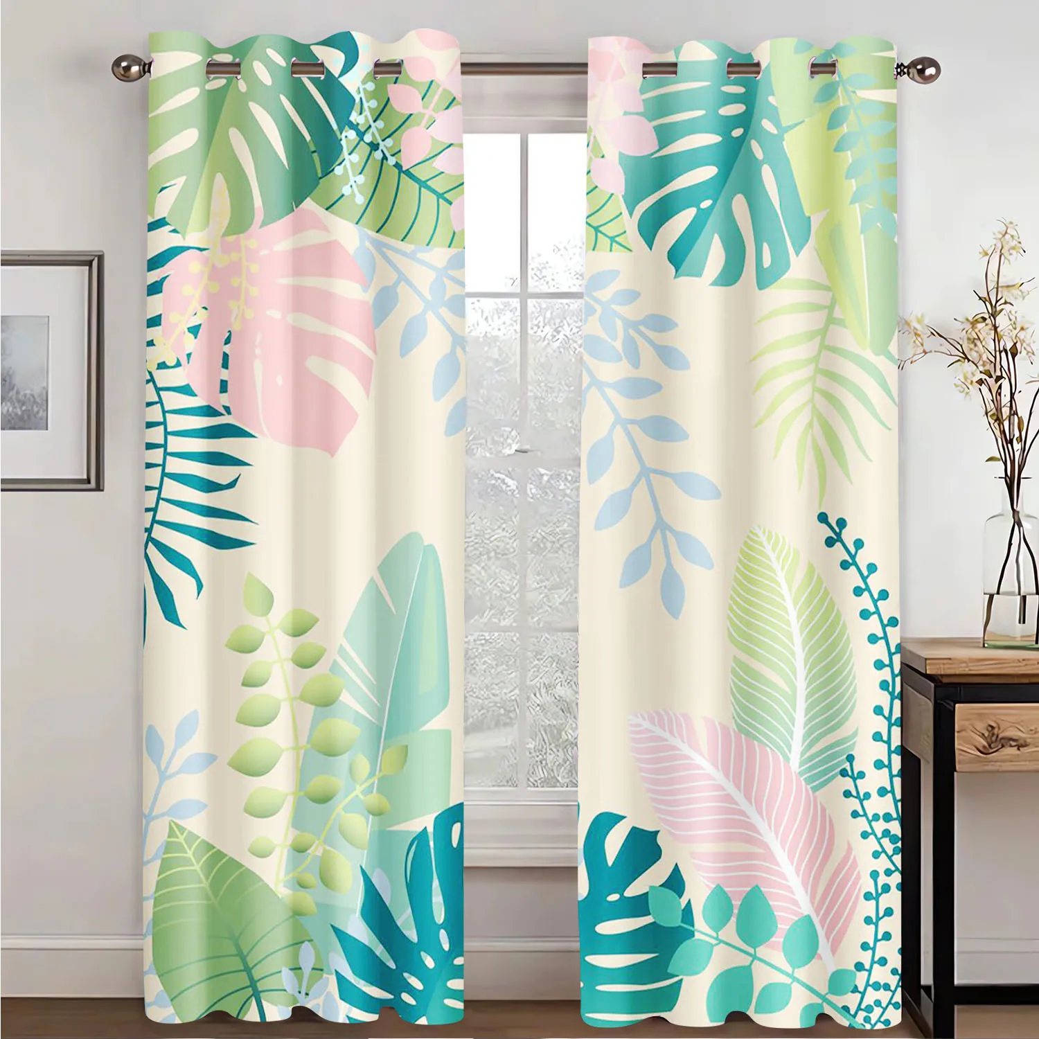 

Palm Leaves Print Curtains For Living Room Bedroom Blackout Curtains 1pc Cartoon Cute Dustproof Perforated Home Decor