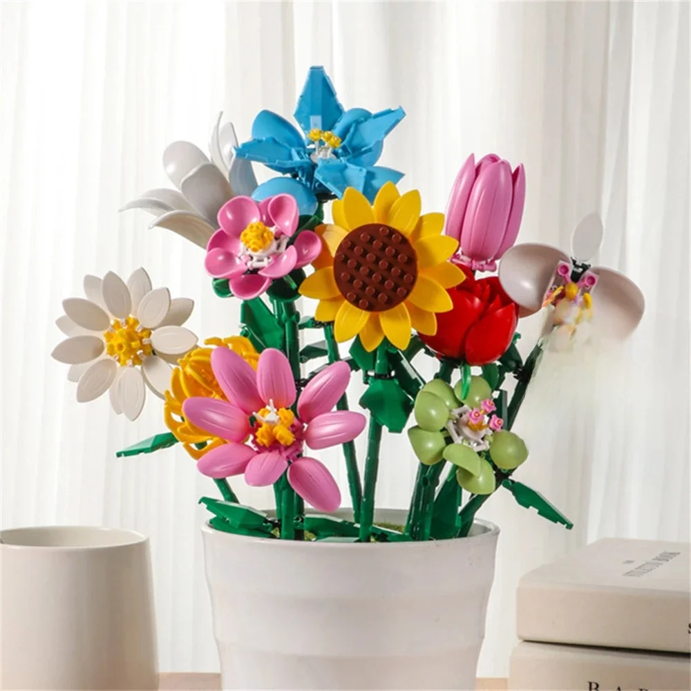 Plantes en pot fleur Rose tournesol Lily orchidée chrysanthème Micro blocs de construction décoration de la maison assembler des briques jouets enfants