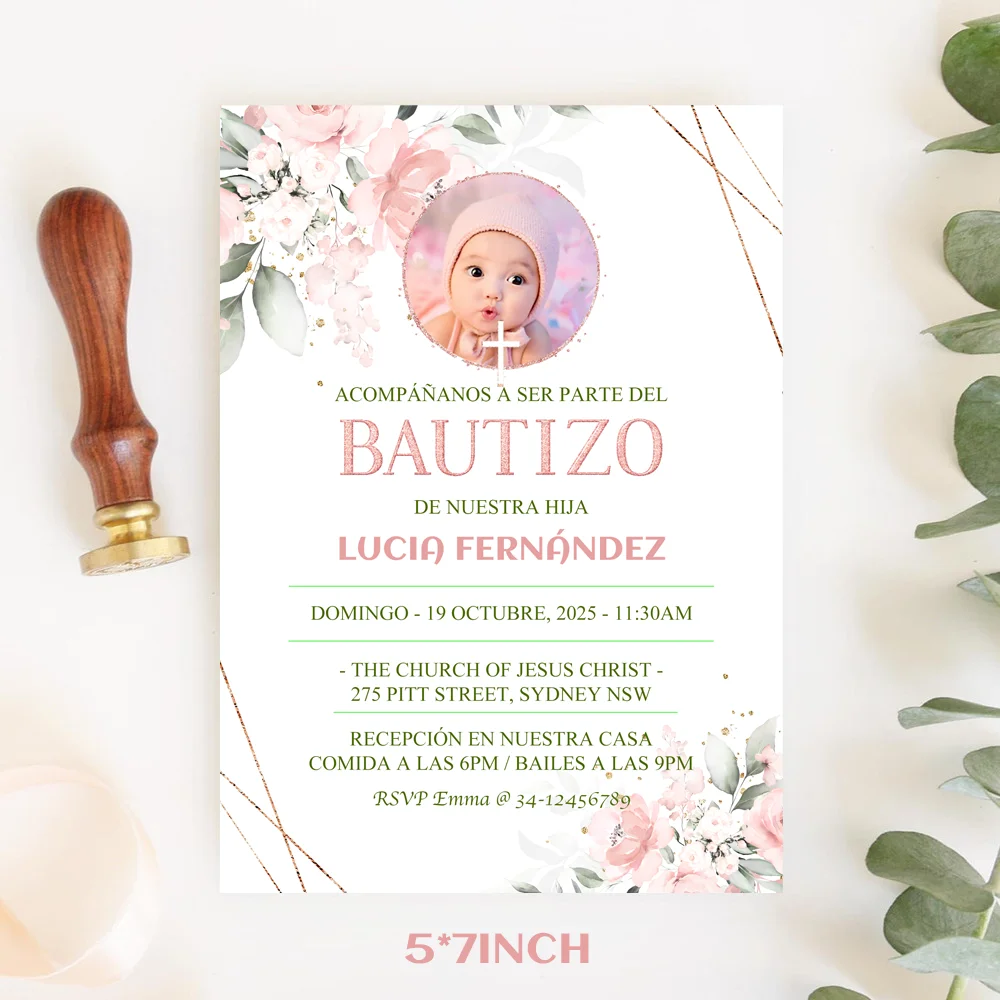 

Photo Bautizo Invitation Card, Delicate Floral Pink Photo Invitacione De bautizo Niña Card , Baptism Invitation Girl Spanish