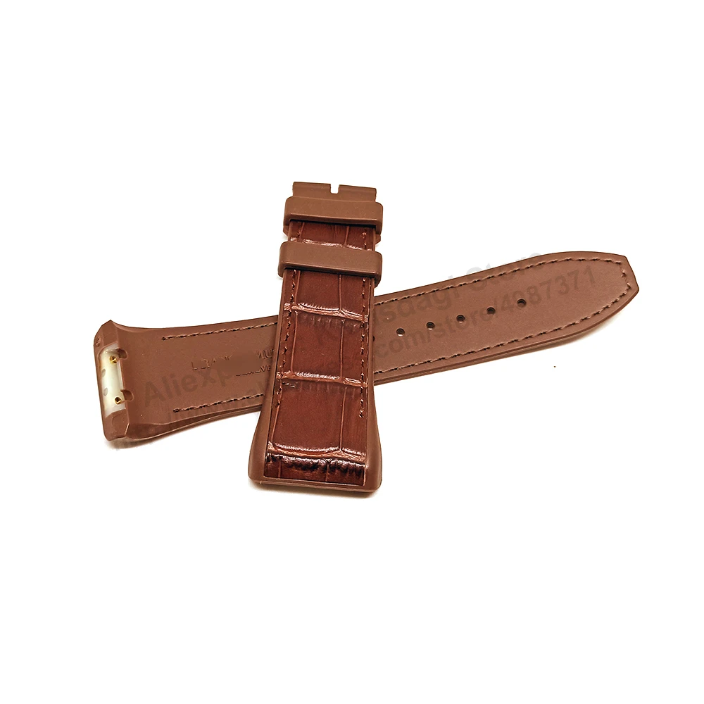 Franck Muller V45 Fits with 28mm Brown Genuine Leather on Brown Rubber Silicone Watch Band Strap