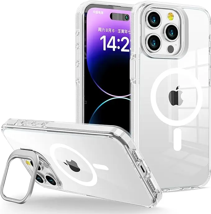 Entronix Magnetic Clear Case For IPhone 16, 15, 14, 13 Slim Shockproof Camera Prop KickStand, IPhone 16 Case Colored