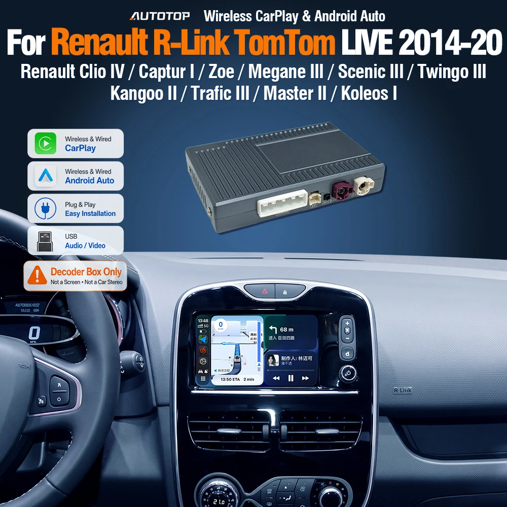 Boîtier décodeur AUTOTOP CarPlay sans fil et Android Auto pour Renault Clio IV Captur I Zoe Megane III Scenic III Twingo III Kangoo II Trafic III Master III Koleos I 2014-2020 R-Link TomTom LIVE, écran tactile capacitif d'origine, interface de rétrofit uniquement