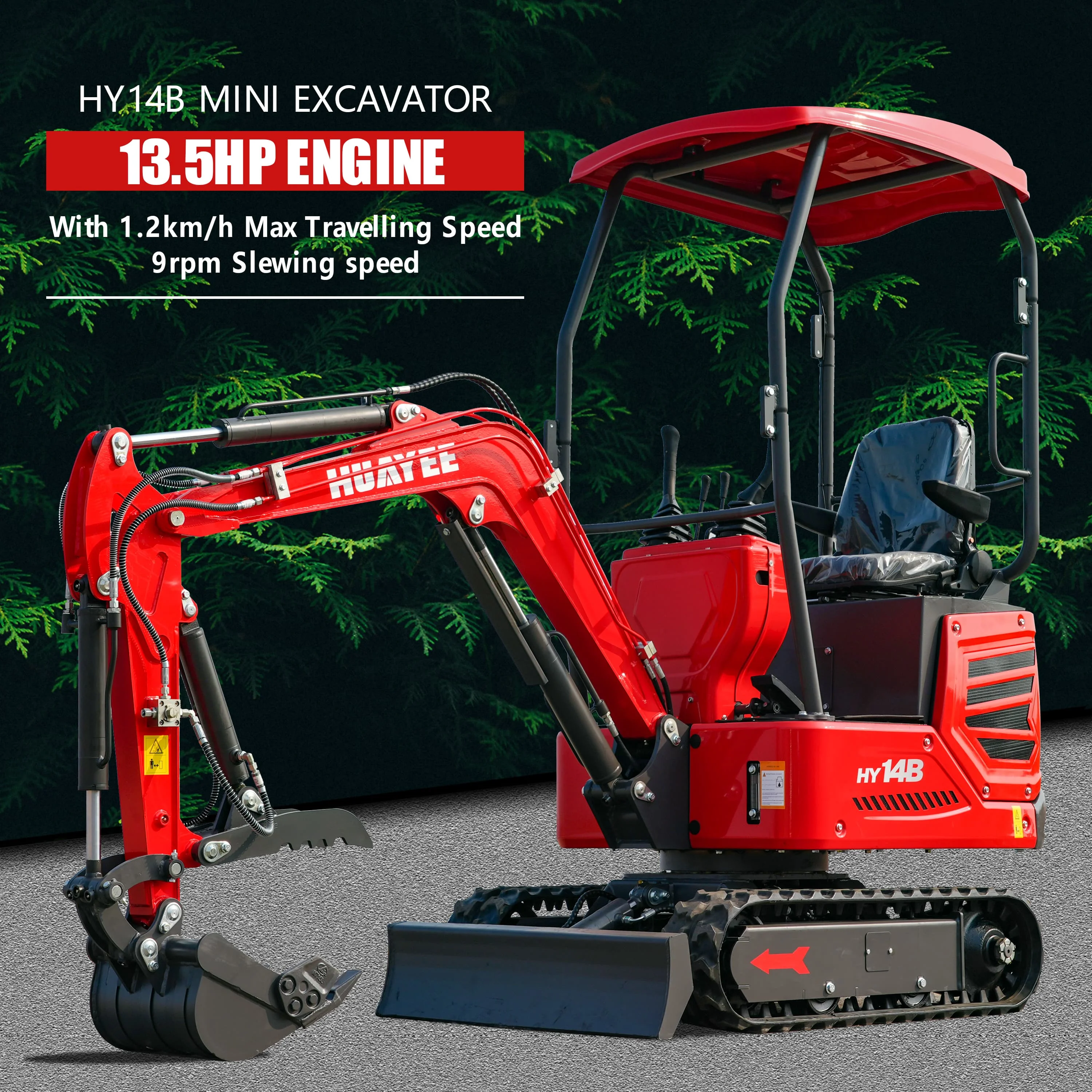 HUAYEE HY14B mini excavator is equipped with dual joysticks and hydraulic thumb clamps, suitable for gardens, parks, farms.
