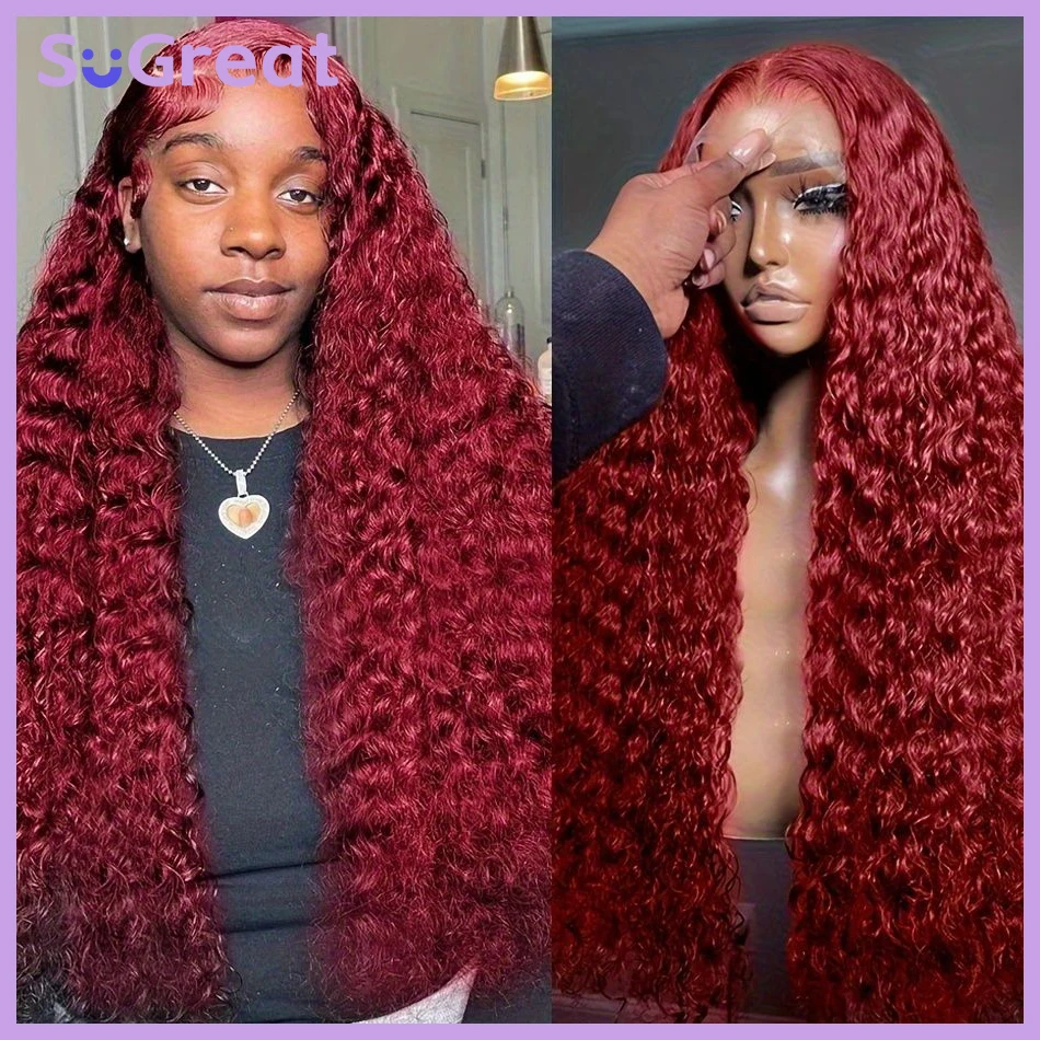 200 Density Deep Wave Wigs Human Hair Curly Wigs Burgundy 13x6 HD Lace Frontal Human Hair Wigs Transparent Lace Frontal Wigs