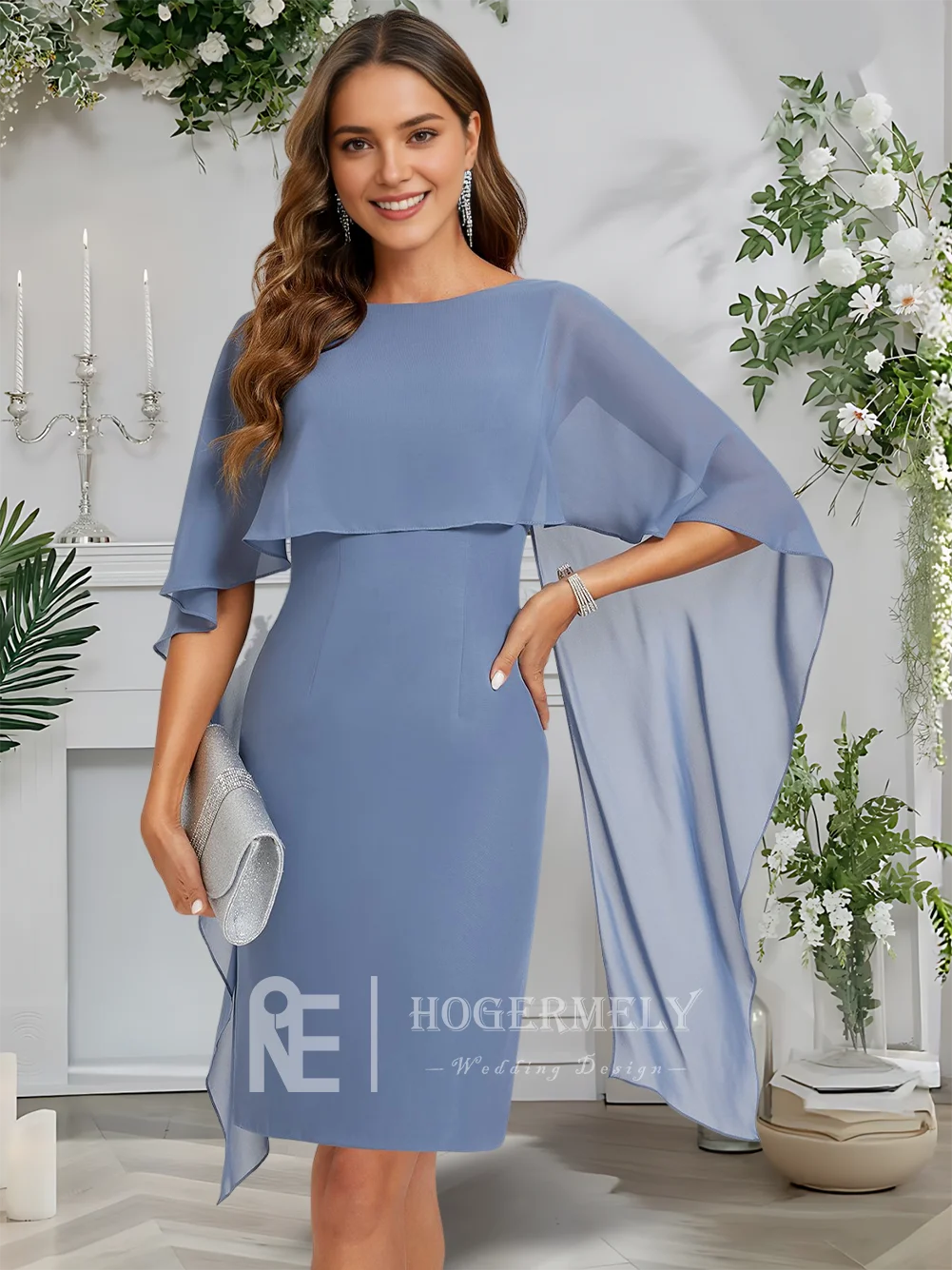 

A Women Slate Blue Scoop Cap Sleeve Sheath Cocktail Dresses For Prom Wedding Party Graduation Evening Chiffon Knee-Length