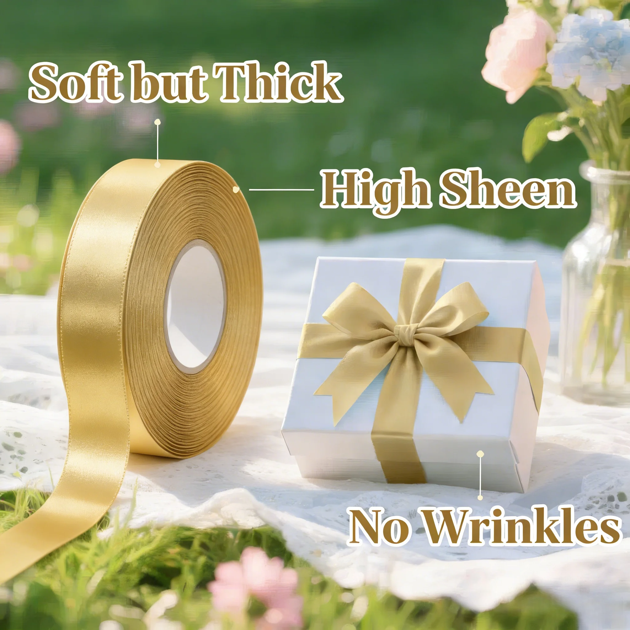 Elegant Gold Satin Ribbon: Decorative & Versatile Ribbon Perfect for Gift Wrapping, Crafts and Decor.