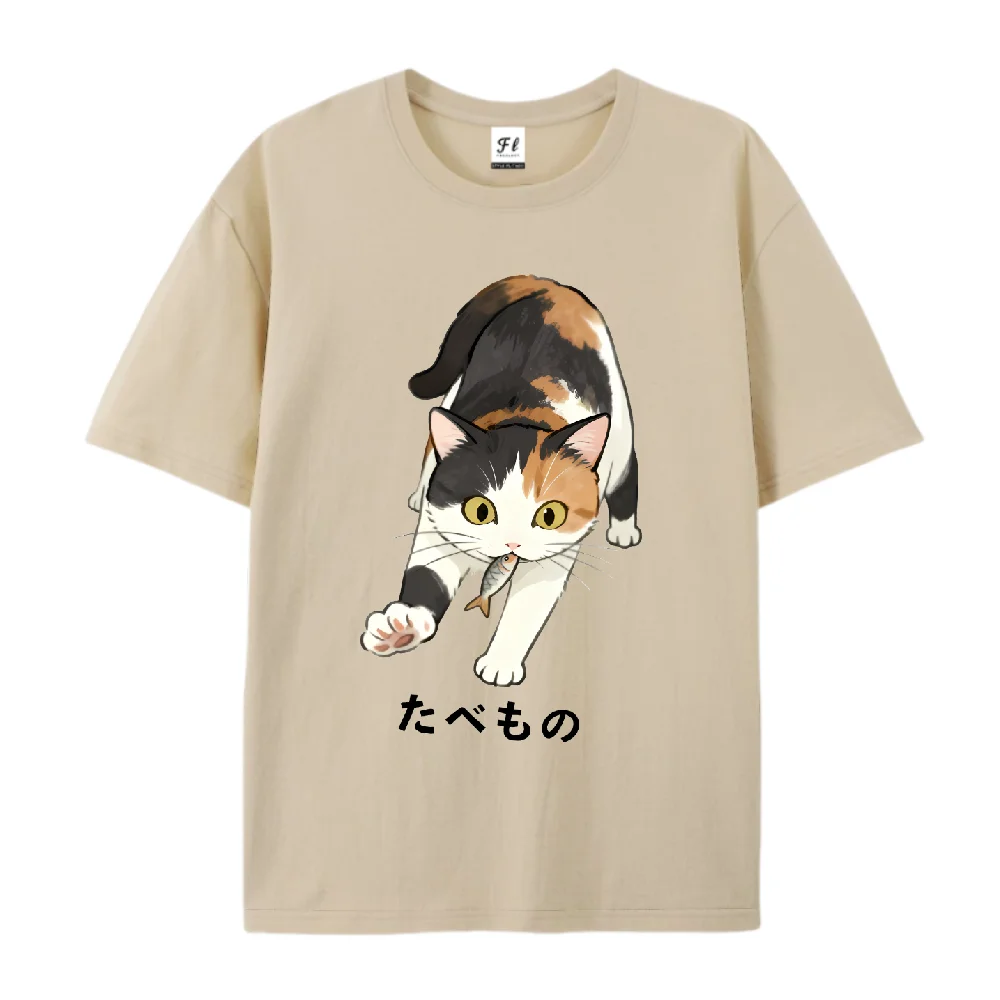 Fishing Cat Print T Shirt Unisex Oversized Soft Cotton Tee With Calico Cat Pattern Casual Short Sleeve Sweatshirt Streetwear