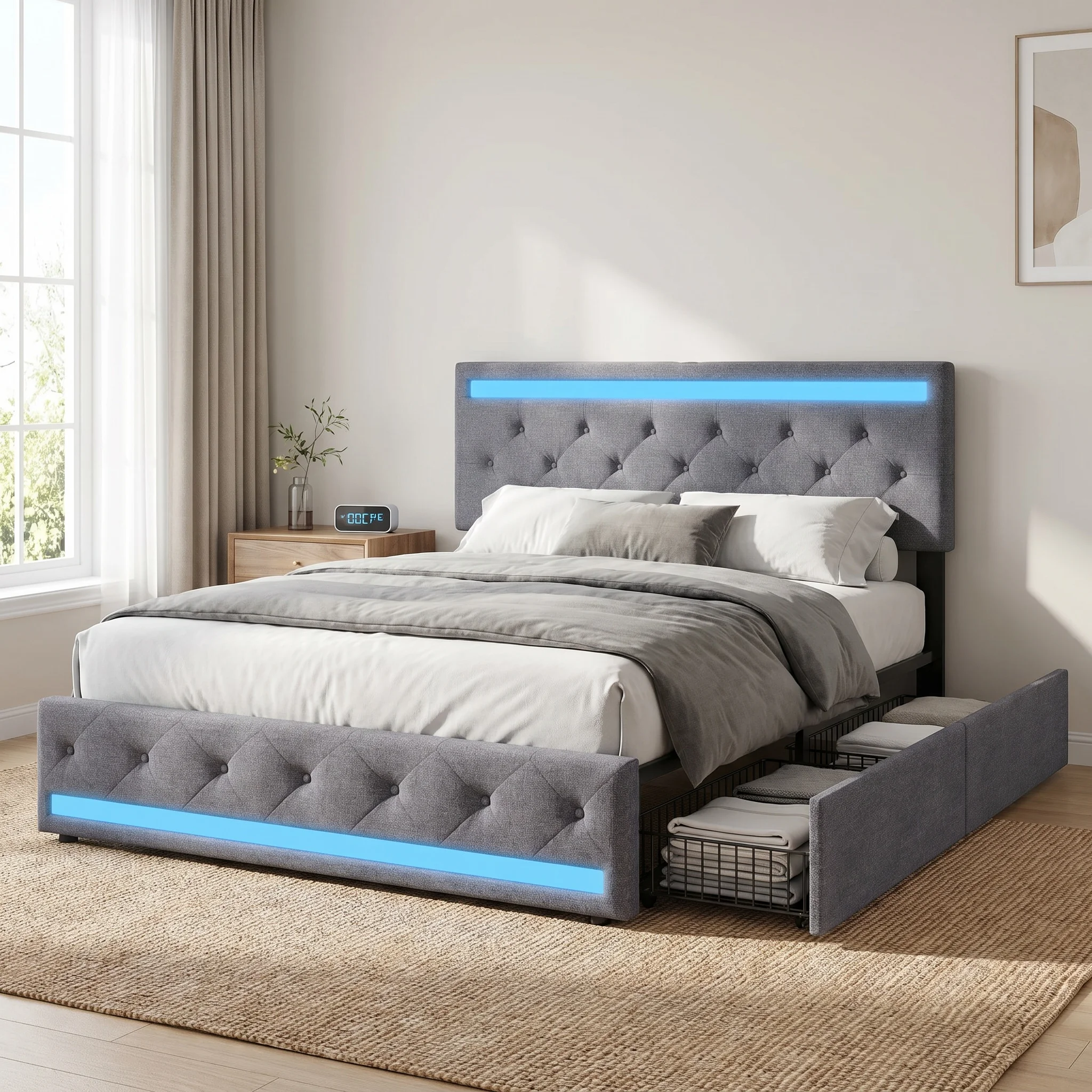 Cama Tapizada Anajqaqia 140 x 200 cm, Cama LED con 4 Cajones y Somier, con USB, Sin Colchón, Lino, Gris Oscuro