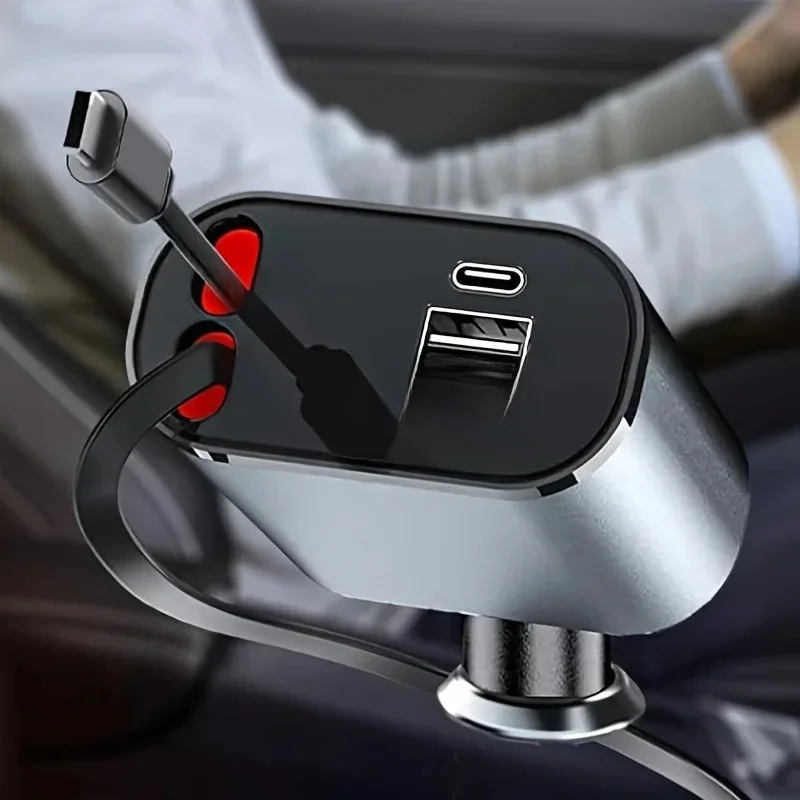 120/66w 4 IN 1 Retractable Car Charger Mobile Phone USB PD Type C Cable For iPhone Fast Charge Cord Cigarette Lighter QC Adapter