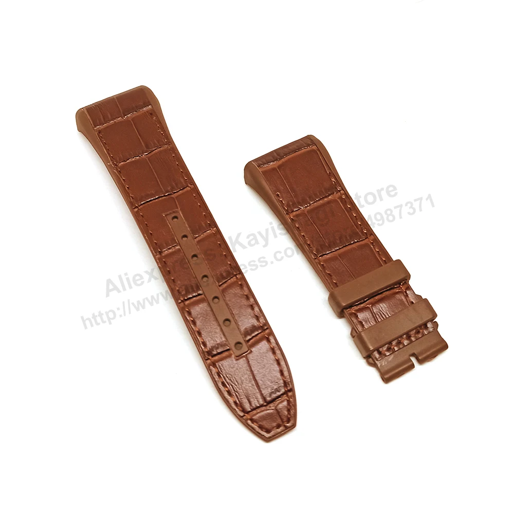 Franck Muller V45 Fits with 28mm Brown Genuine Leather on Brown Rubber Silicone Watch Band Strap