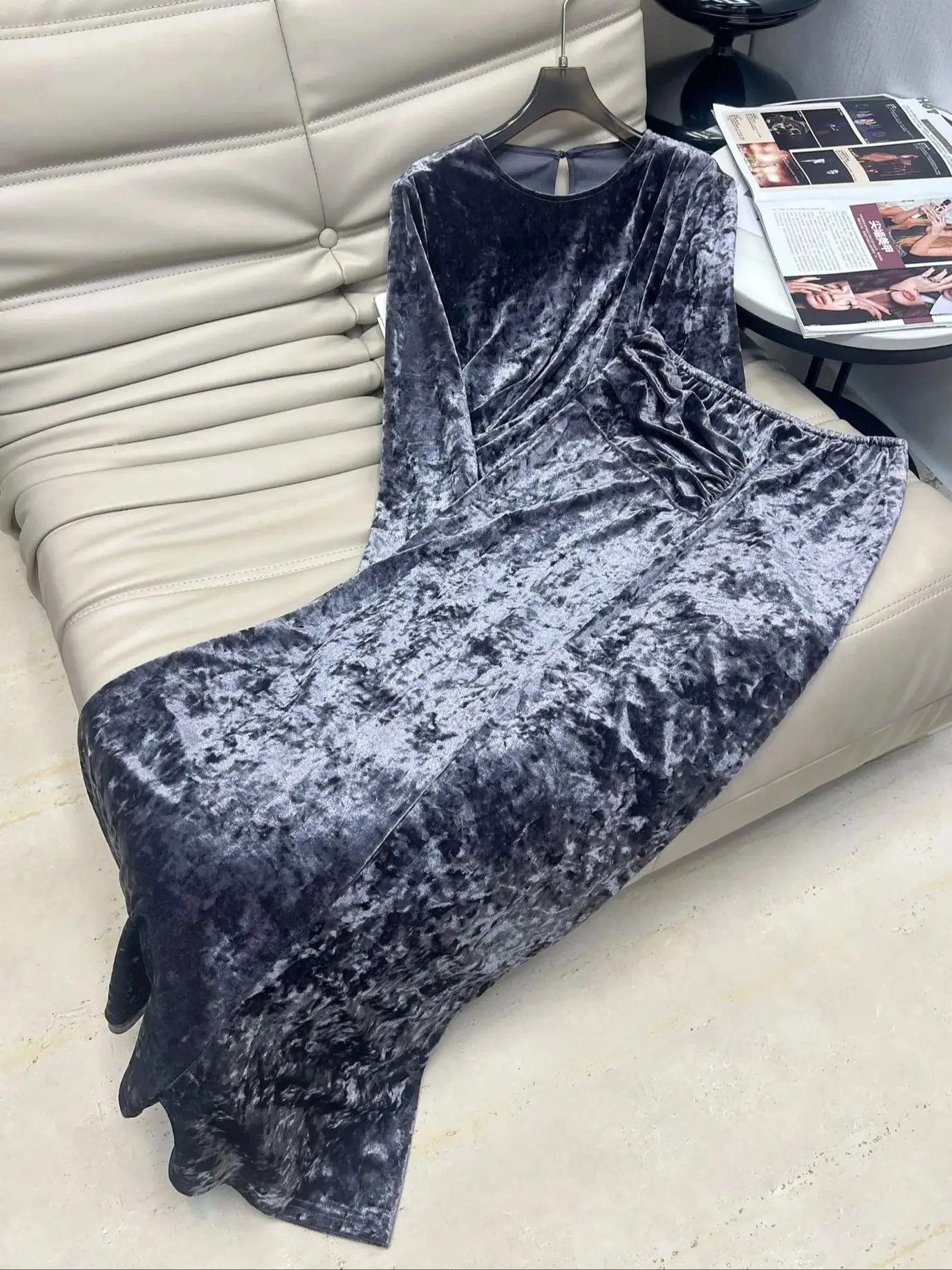 

Lustrous women's figure flattering embossed velour skirt suit