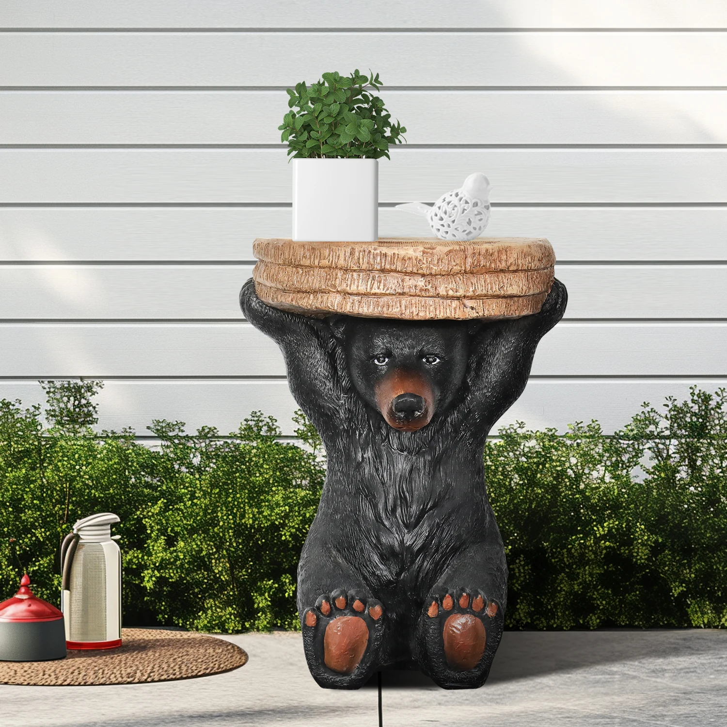 

20.8 ''H Black Bear Side Table,Black Bear Side Table Pedestal End Table Stool Cement Bear Statue, Home Office Living Room Decor