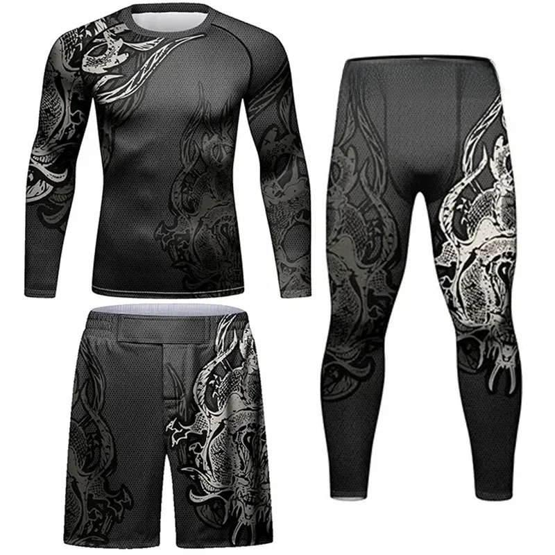 Boks męski MMA kompresja walka treningowa Rash Guard T-shirt + zestaw spodni Bjj Gi sport Kickboxing Jiu Jitsu Rashguard obcisłe spodenki — zdjęcie 2