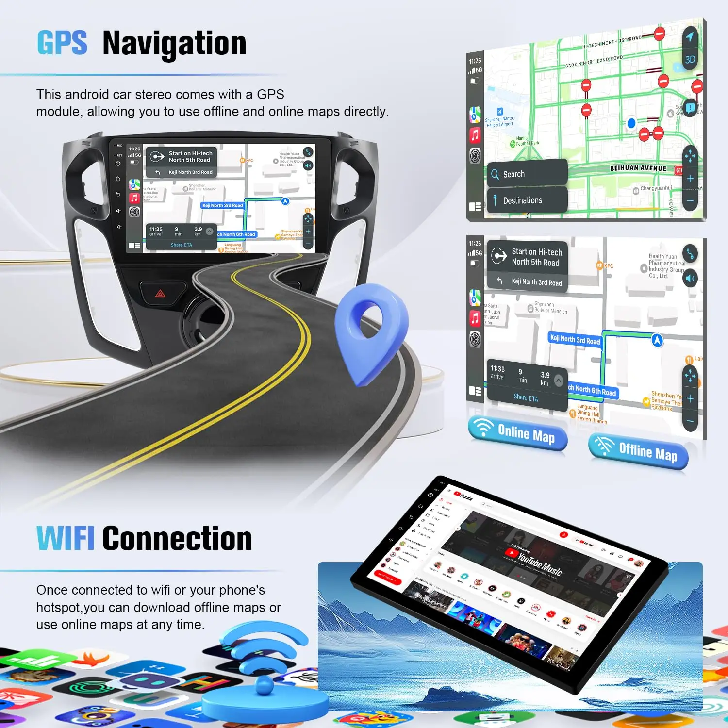 شاشة لمس 9 بوصة Ford Focus 2012 2013 2014 2015 2016 2017 2018 راديو مع Carplay لاسلكي، Android Auto، Bluetooth GPS، WiFi、F
