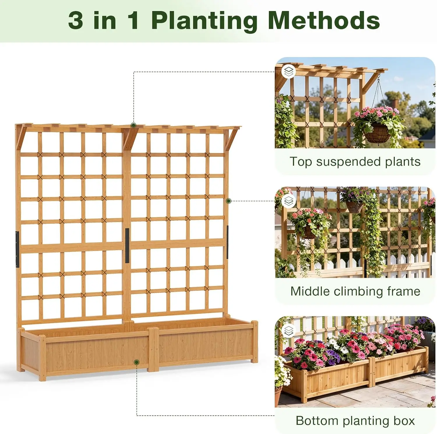 72 Inch Raised Garden Bed With Trellis Wood Planter Container With Hanging Roof And Garden Boxes For Climbing Plants Flowers Vine 2 Piece image 2