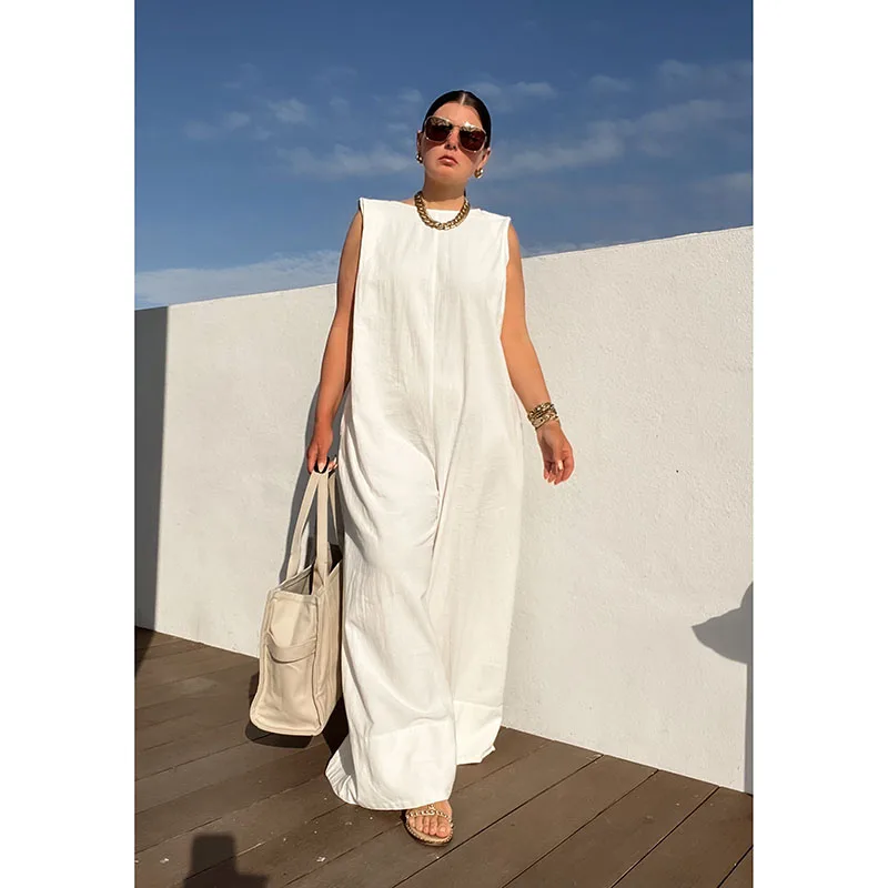 Krisnanas Sleeveless Wide Leg Shoulder Pad Solid Color Jumpsuits Leisure Solid Loose Jumpsuits