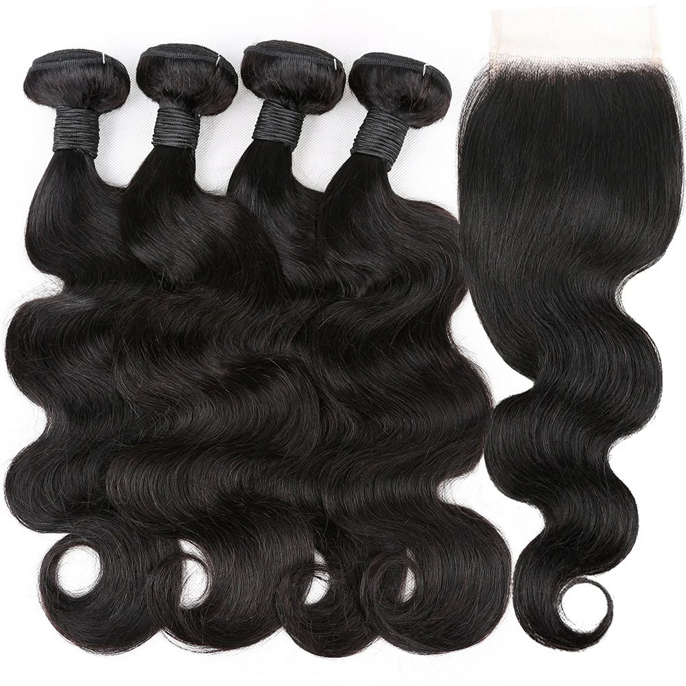 Aircabin Body Wave Bundles With Closure Remy Human Hair Weave Bundles 100% Real Hair Extension 3/4 Bundles With 4x4 Lace Closure