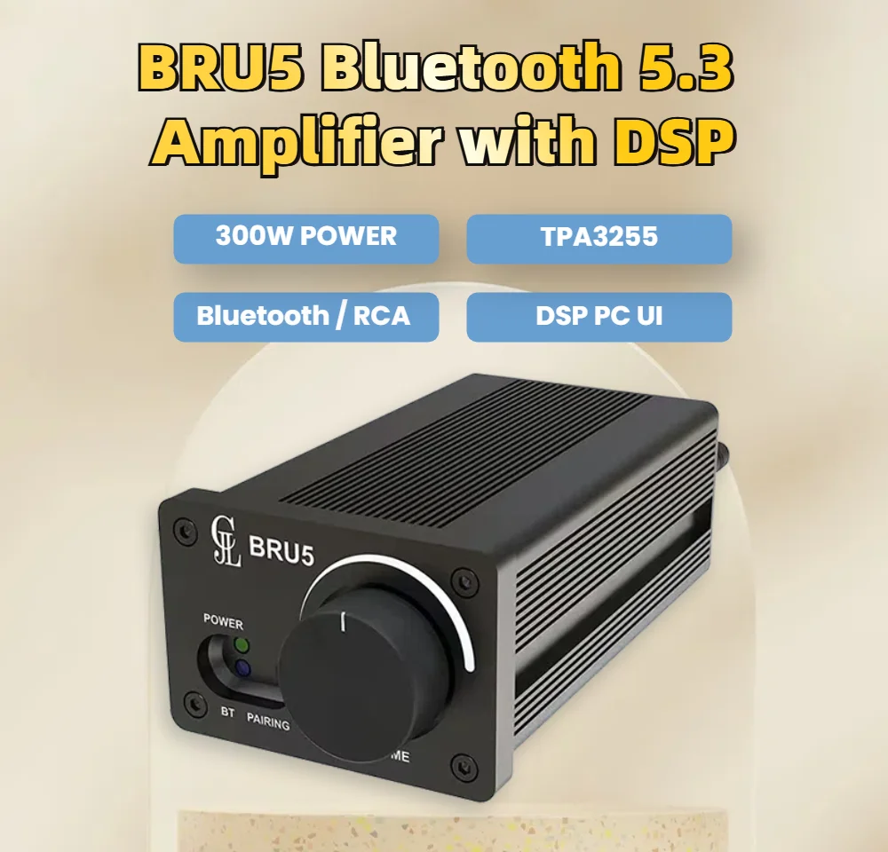 Mini versterker, 300W×2 stereo HiFi versterker met TPA3255 Amp-chip & verwisselbare Op-Amps, innovatief warmteafvoerontwerp, audioversterker klasse D met volumeregeling, met 32V-voeding