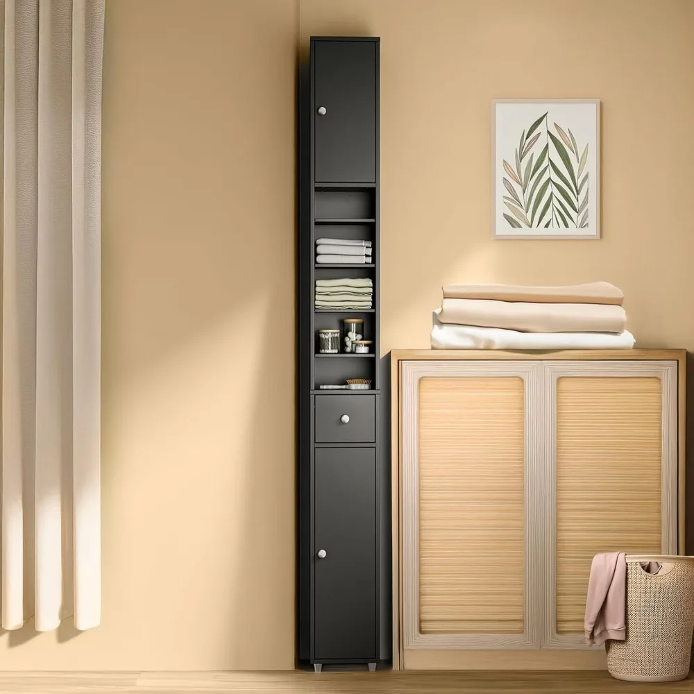 

Tall Slim Bathroom Storage Cabinet with Drawer and Doors, Narrow Organizer for Small Spaces, Adjustable Shelves for Towels, Mode