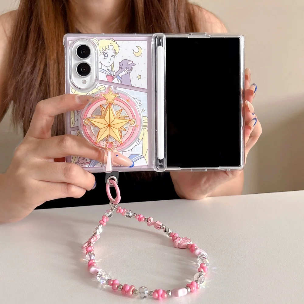 Kawaii Cartoon Girl Magnetic Phone case for Samsung Galaxy Z Fold 8 Ultra Fold 6 5 Fold 7 8 Cover With Magsafe Stand Chain Cases