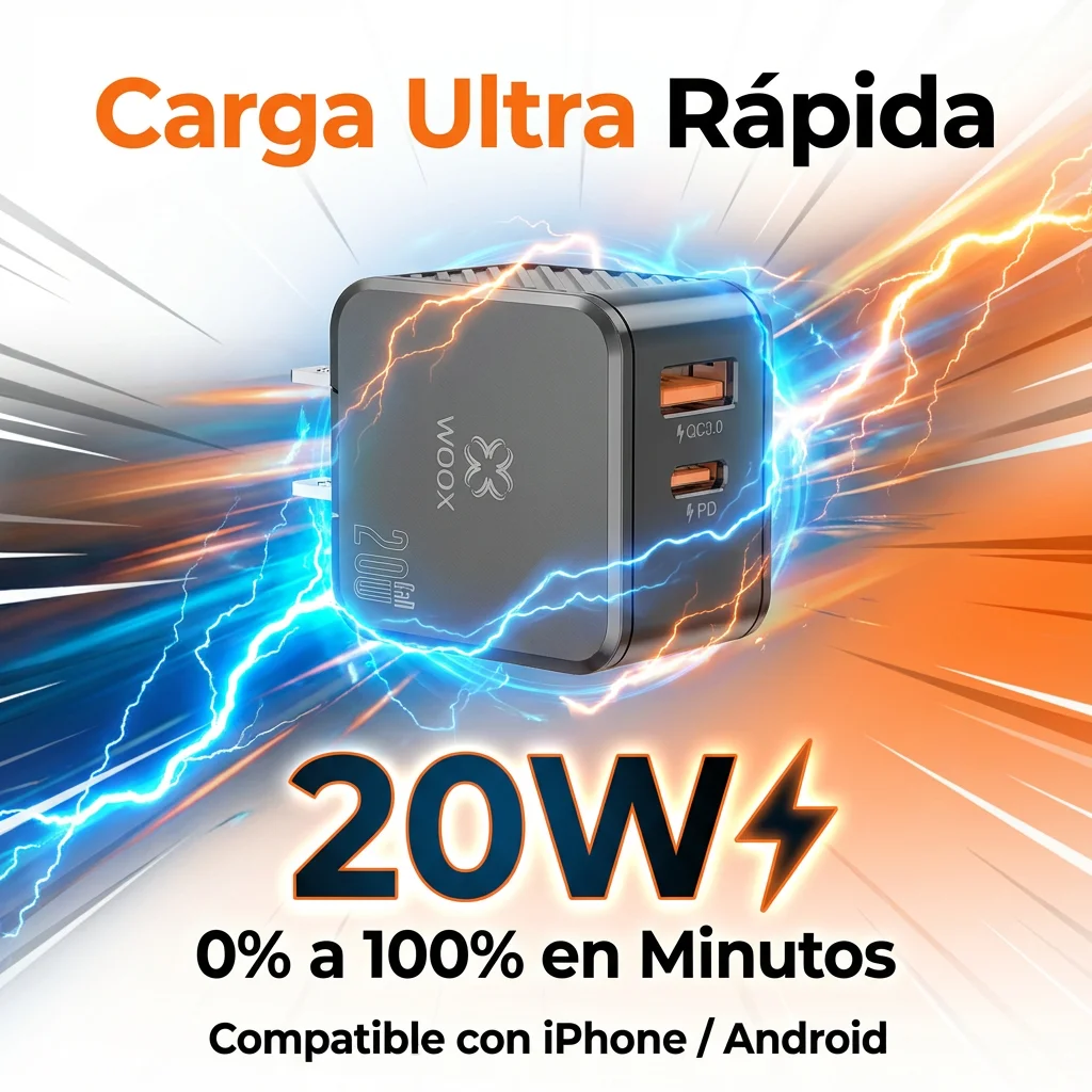 WOOX GAN Cargador Tipo C con 2 Puertos Carga Rápida - USB C PD 20W + USB A QC 20 W Compatible con IP 17/16/15/14/13 Pro MAX, S25/ S24/S23/Note10/S20 Ultra/S10/S9/S8