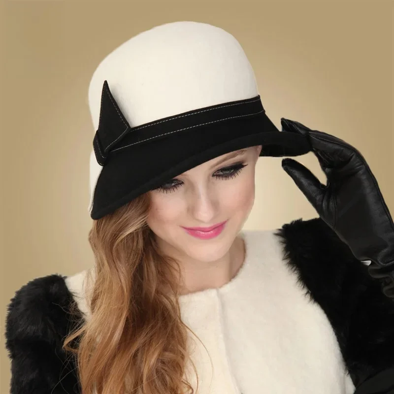 FS Szerokie rondo Białe wełniane kapelusze Bow Bowler Fedora Hat Dla kobiet Chapeau Femme Feutre Winter Cloche Ladies Church Felt Fedoras Caps — zdjęcie 2